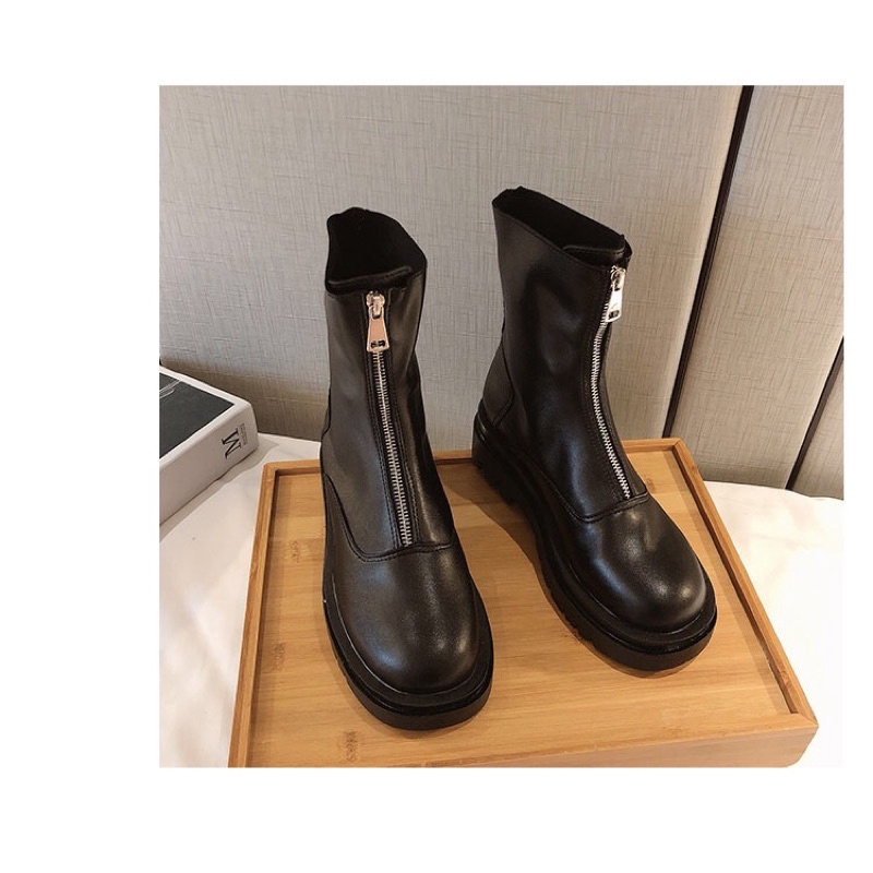 Boots cổ ngắn ulzzang khoá trước gót 4cm da mềm