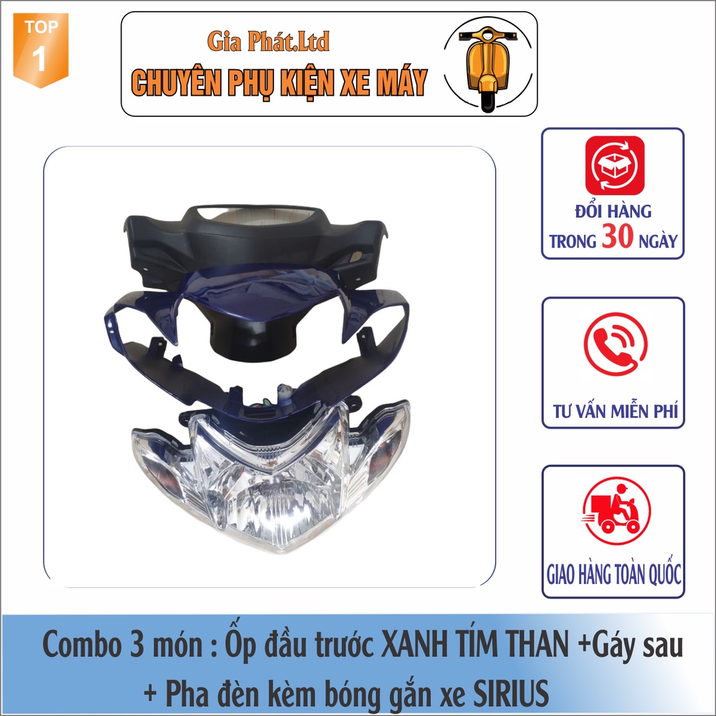 Bộ ốp đầu màu XANH TÍM THAN gắn xe SIRIUS đầy đủ Ốp đầu trước, Gáy sau và Pha đèn kèm bóng