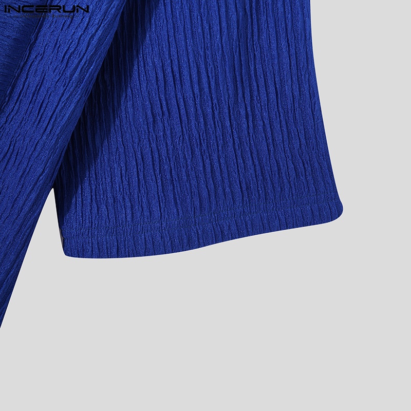 Áo thun INCERUN màu trơn mùa hè dáng rộng tay cộc có túi diềm xếp nếp cho nam