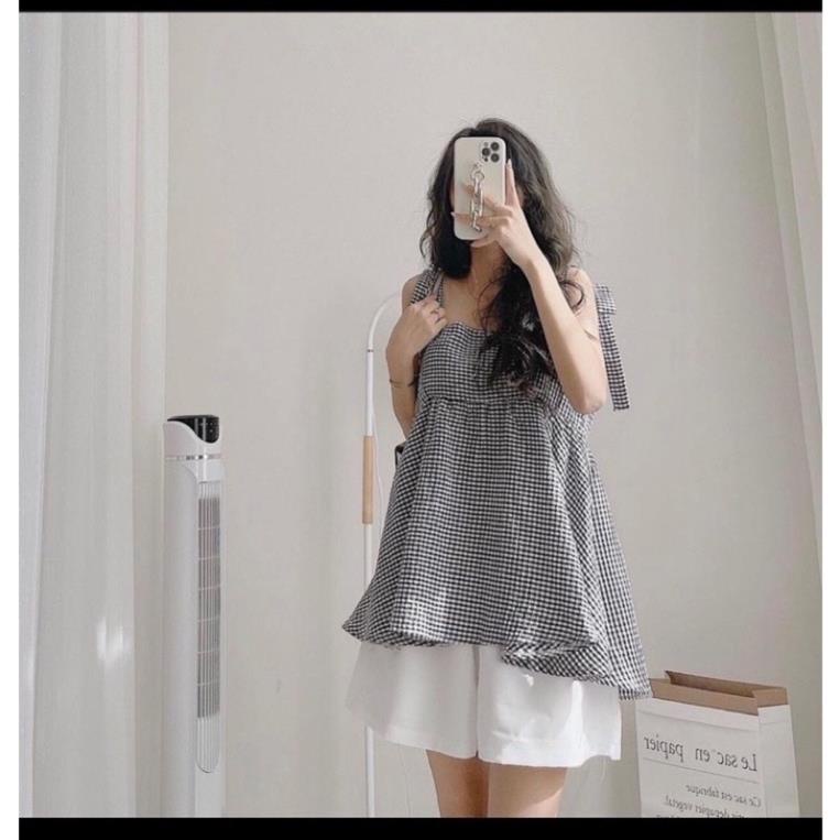 Set Áo Babydoll 2 Dây Kẻ Caro Xanh Xốp Kèm Quần Short Trắng(Hàng Sẵn, Ảnh Thật)