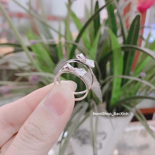Nhẫn nơ Bạc ta cho nữ, hoạ tiết nơ đính đá liti gấp cạnh trơn bóng tạo nét mới lạ dễ thương Mainomi Shop Bạc Xinh