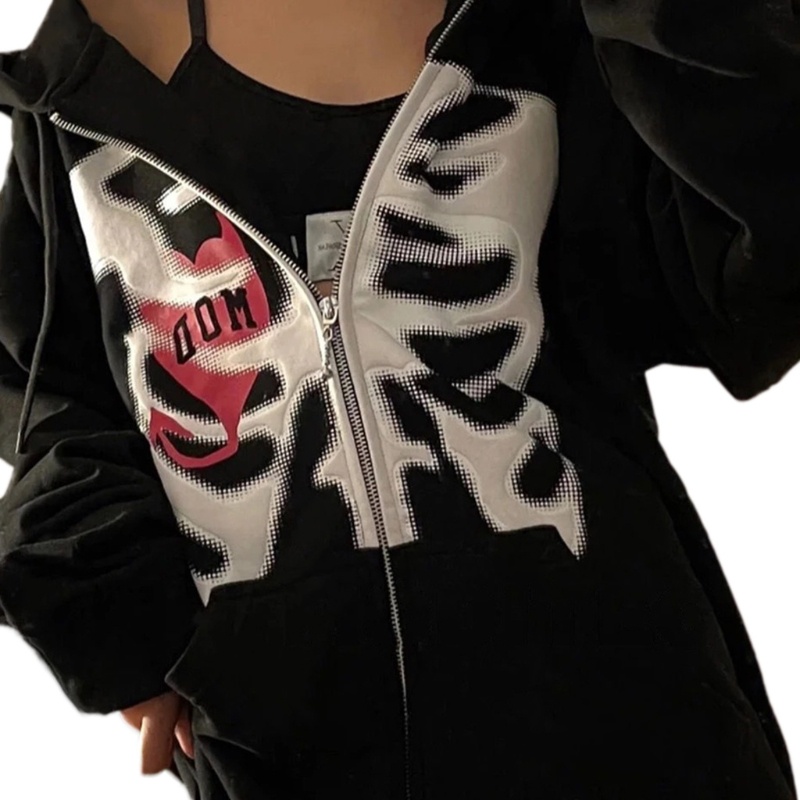 Áo khoác hoodie có khóa kéo dáng rộng quá cỡ màu trơn in họa tiết bộ xương phong cách gothic hip hop thời trang cho nữ