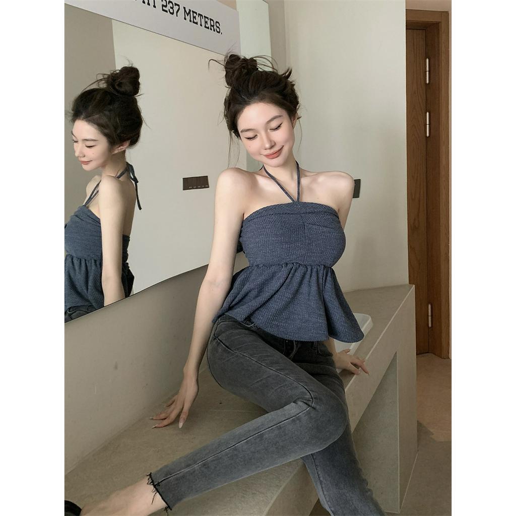 QADCOL  Áo Lửng Hai Dây Cổ Yếm Dáng Ngắn Quyến Rũ Mùa Hè Cho Nữ