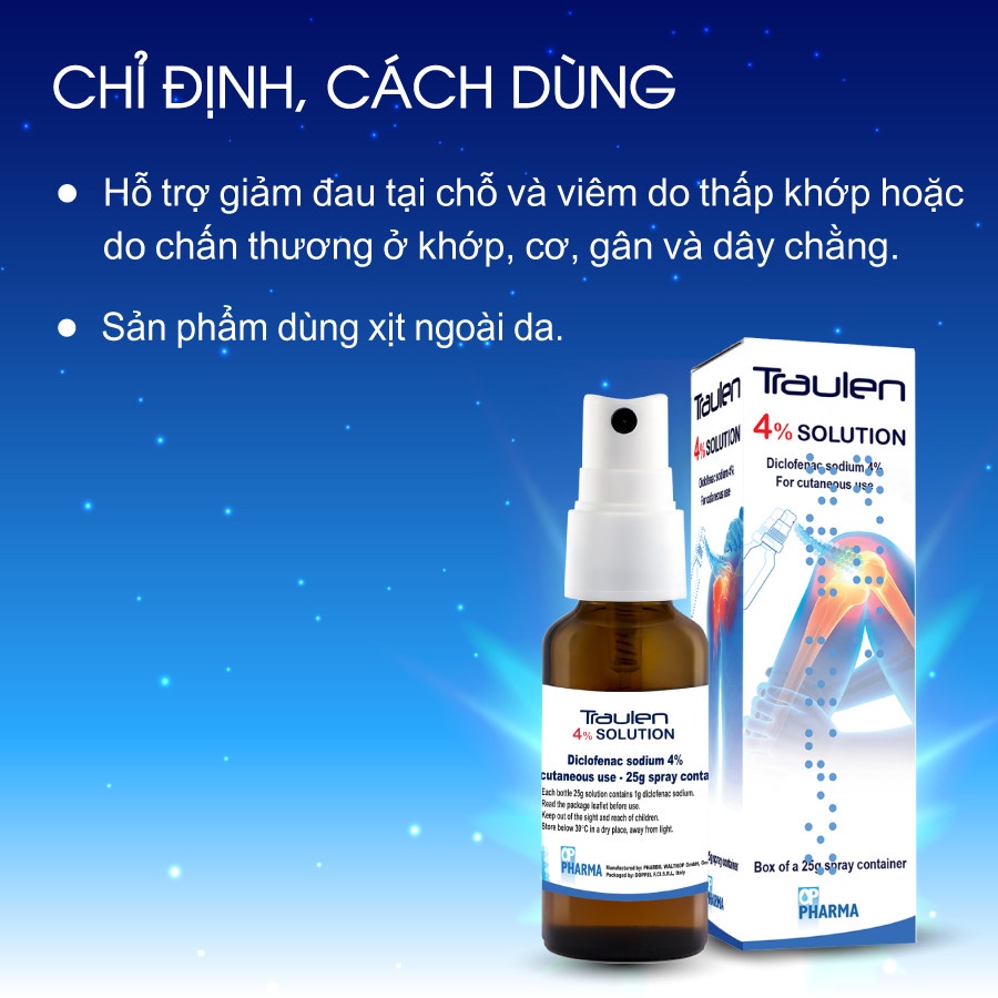 Chai xịt Traulen 4% Solution 25g giảm đau vai, đau cơ, đau khớp, bầm tím, bong gân, căng cơ