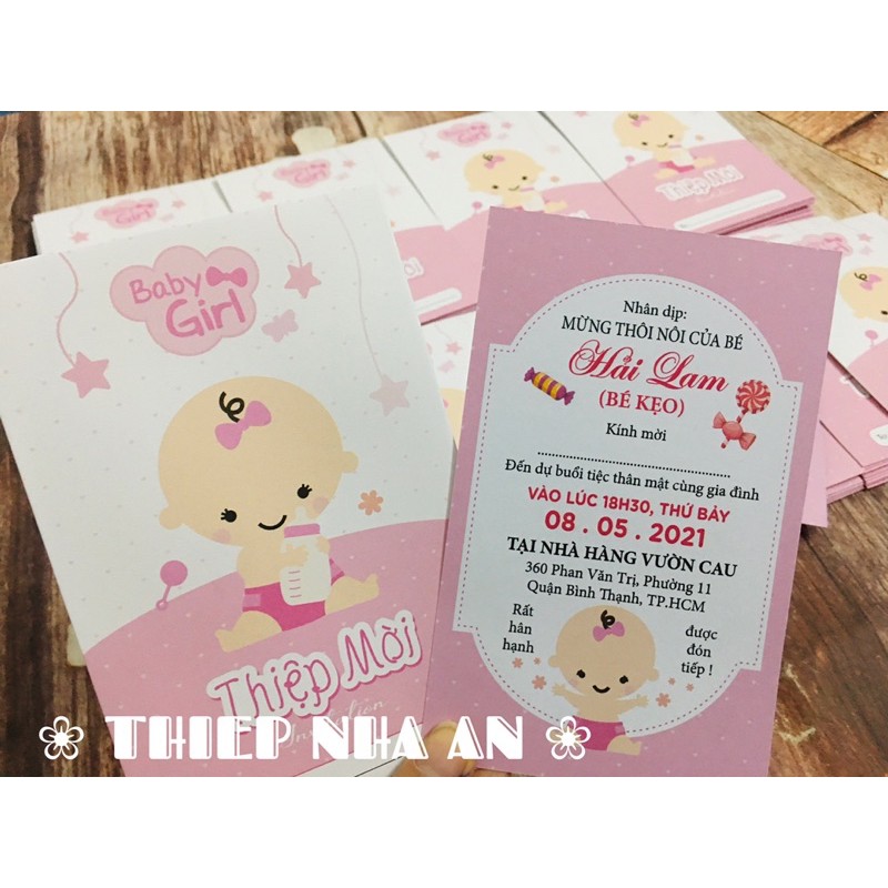 THIỆP MỜI SINH NHẬT - THÔI NÔI - ĐẦY THÁNG BABY GIRL in nội dung theo yêu cầu dành cho BÉ GÁI.