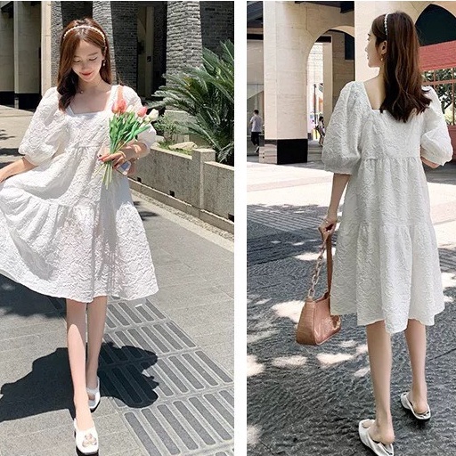 Đầm babydoll dáng dài bánh bèo, Váy nữ bầu form rộng tay bồng dáng xòe tiểu thư kiểu hàn dễ thương