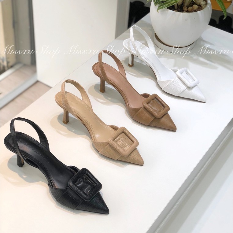 Giày mũi nhọn nữ 5 cm cài khoen vuông quai sau da rắn thời trang MYSS - CG139