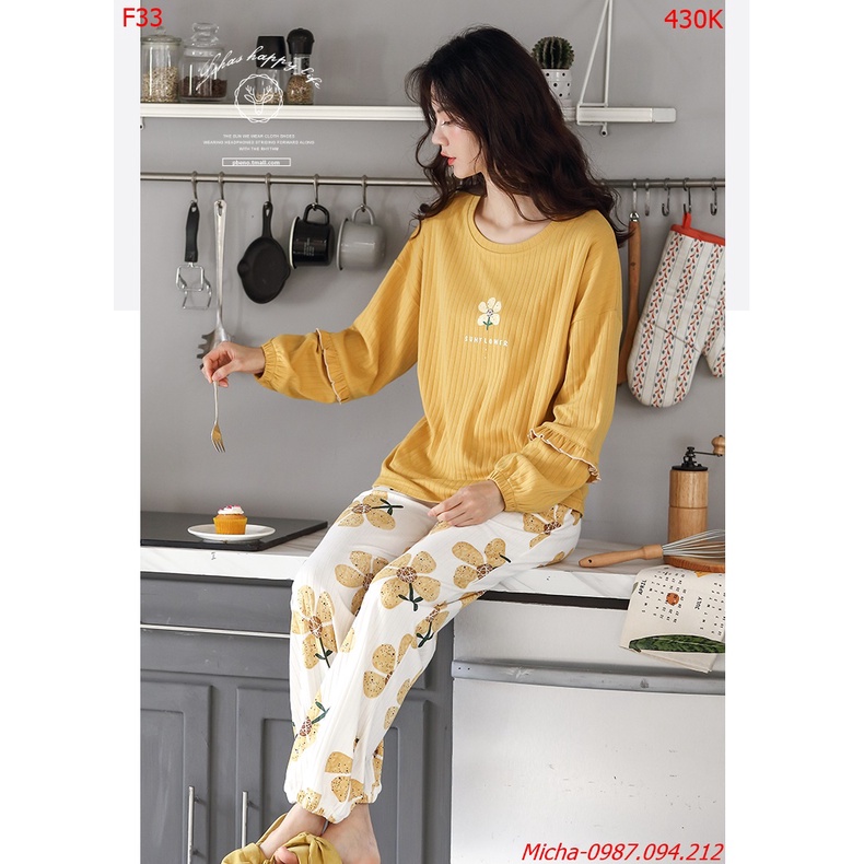 Bộ dài tay thun gân áo vàng quần hoa trắng - Micha F33