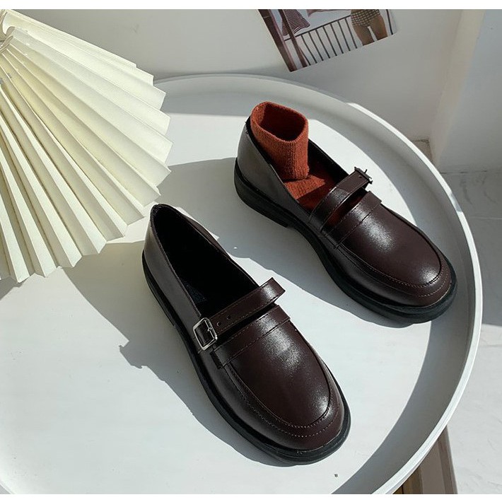Giày da mềm moka thời trang phong cách ulzzang Hàn Quốc xinh xắn cho nữ 2 màu Nâu + Đen - Mã G48