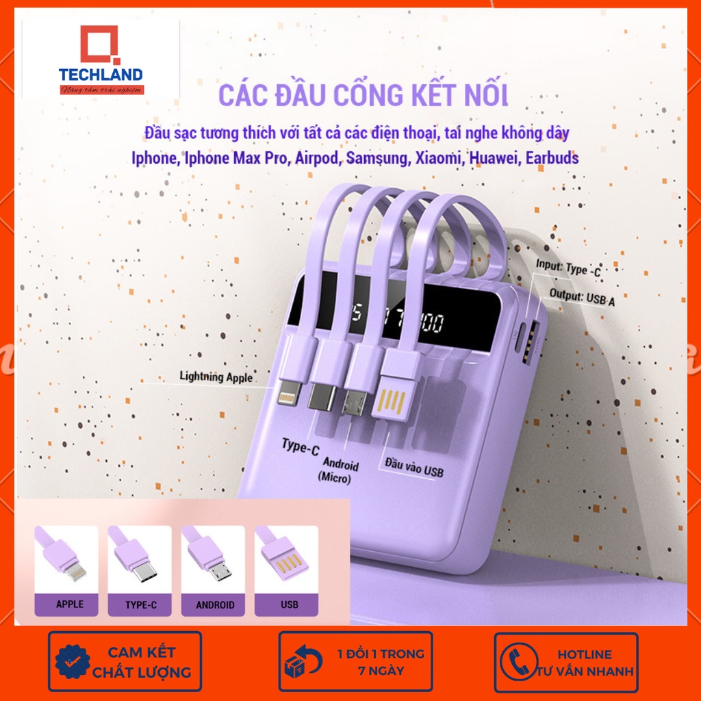 Sạc dự phòng kèm cáp 10000mAh-sạc nhanh 2.1A có cáp sạc ( USB/microUSB, Lightning/Type-C)Hàng Chính Hãng