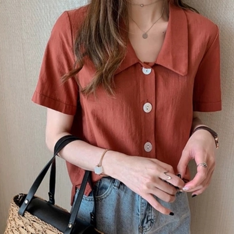 Áo Sơ Mi Trơn Ngắn Tay 154745 Áo Sơ Mi Cổ Búp Bê Dáng Rộng Phong Cách Thời Trang Retro