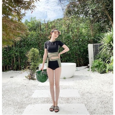 Bikini, Đồ bơi nữ 2 mảnh đen pha rêu hàn quốc áo tắm học sinh kín đáo KONKUN MS65