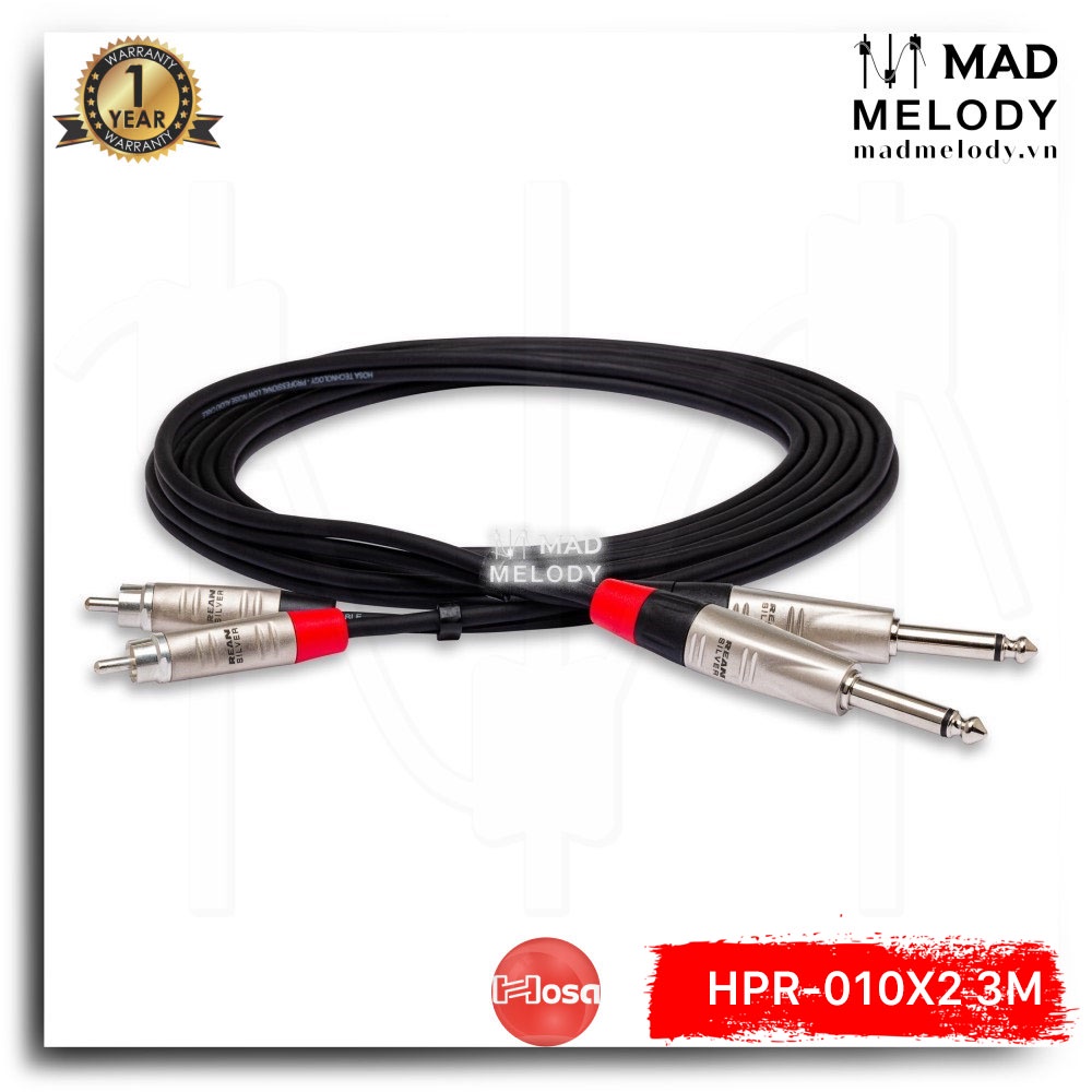 Hosa Pro Stereo Interconnect HPR-010X2 (3m) (REAN 2 1/4in TS - 2RCA) [Dây cáp loa 6.35mm TS bông sen, NEW & chính hãng]
