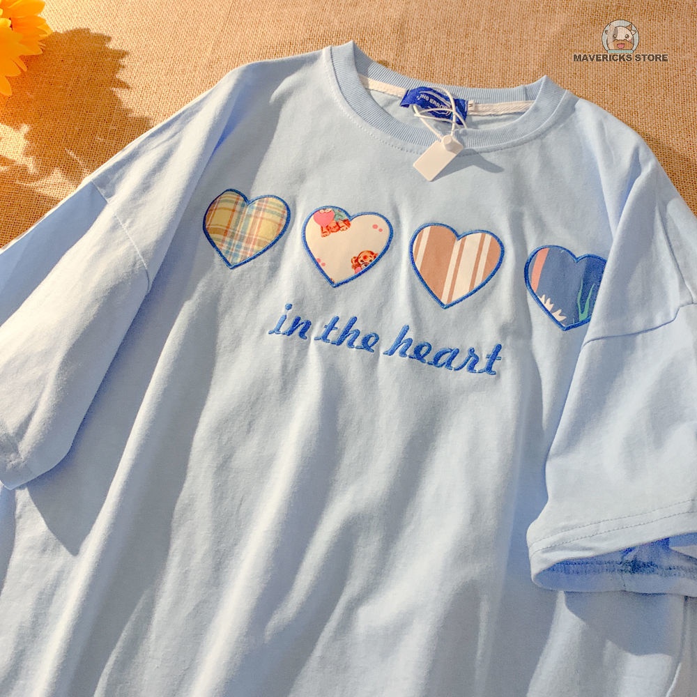 Áo Thun Cotton Tay Lửng Thêu Họa Tiết Trái Tim Xinh Xắn Cho Nữ