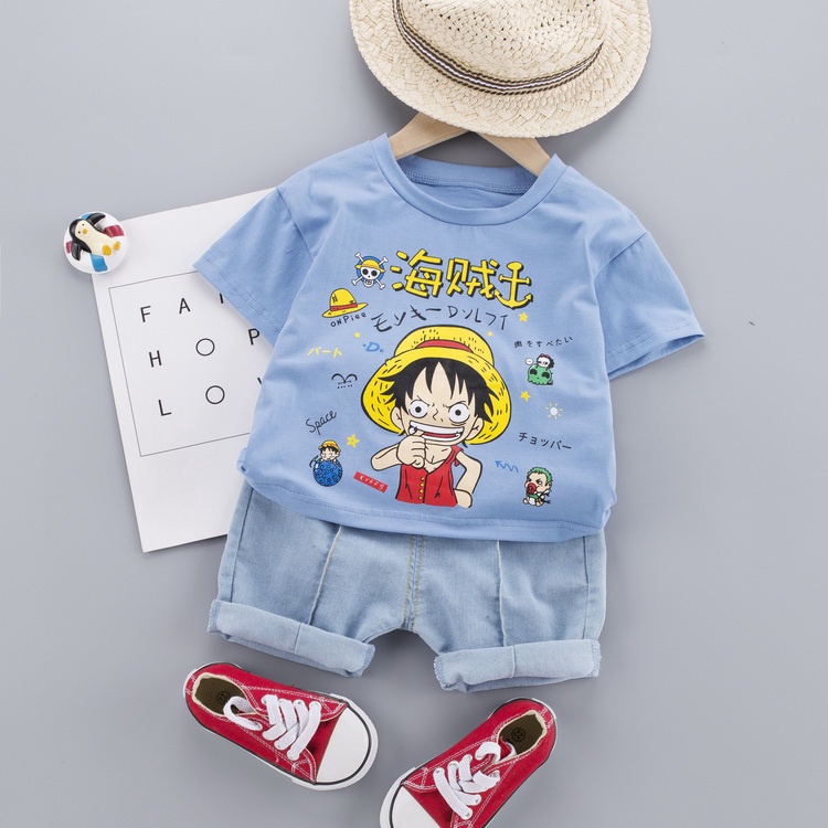 Bộ áo thun cotton in hoạt hình Luffy + mũ rơm + quần jeans cho bé trai 0-5 tuổi