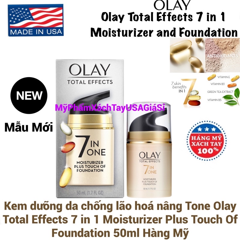 Kem dưỡng da chống lão hóa nâng Tone Olay Total Effects 7 in 1 Moisturizer Plus Touch Of Foundation 50ml Hàng Nhập USA