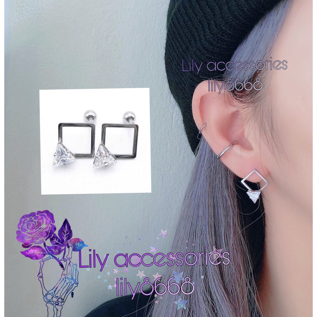 Geometric Quadrilateral Earring khuyên tai titan tứ giác đính đá không gỉ không đen không dị ứng cho nam nữ