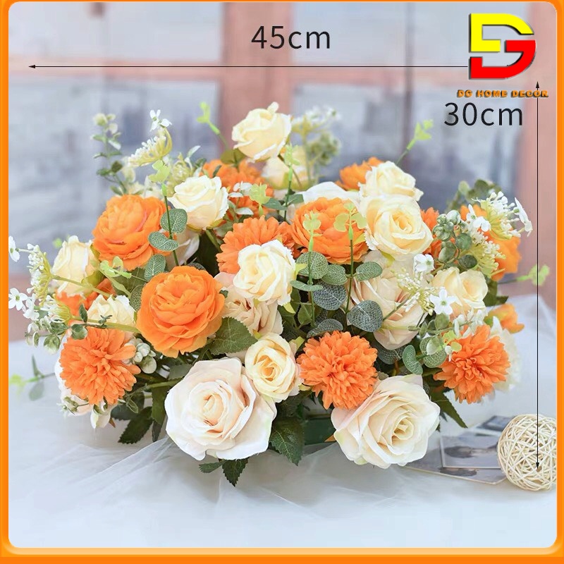 Lẵng Hoa Lụa Hoa Giả Để Bàn Dài 42Cm Trang Trí Bàn Phòng Khách Văn Phòng Hội Nghị DG-147