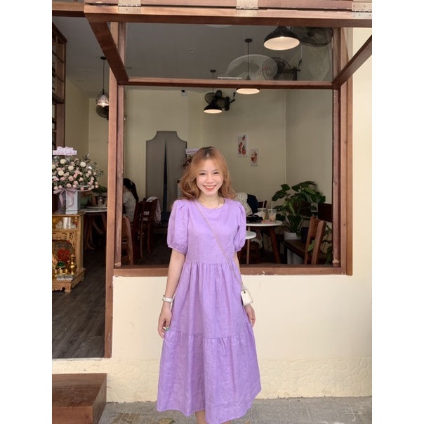Đầm linen tầng màu tím