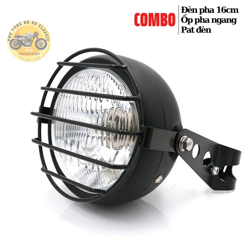 Combo đèn pha độ 16cm kèm sẵn ốp sắt bảo vệ pha và bộ pat gắn đèn vào phuộc dùng độ xe CLASIC Win GN125