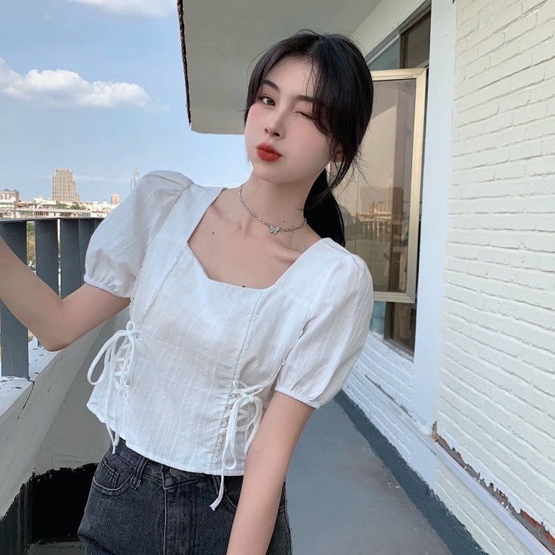 Áo Kiểu Cổ Vuông Tay Phồng Phối Dây Rút Phong Cách Pháp Thời Trang Mùa Hè Cho Nữ