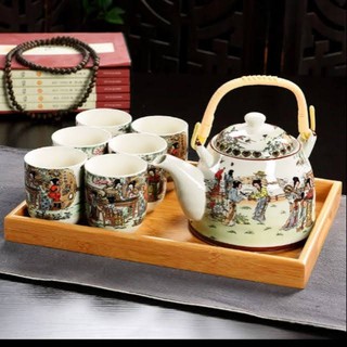 Combo bộ ấm chén gốm sứ hoạ tiết cô tiên kèm khay tre