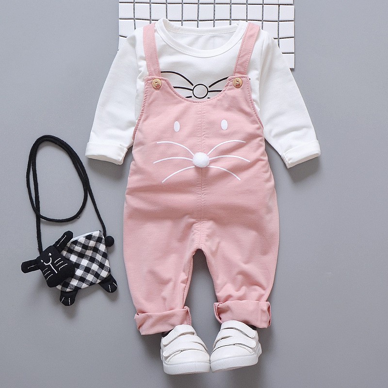 Set Áo Thun Dài Tay Cổ Tròn + Quần Yếm Đáng Yêu Cho Bé Gái