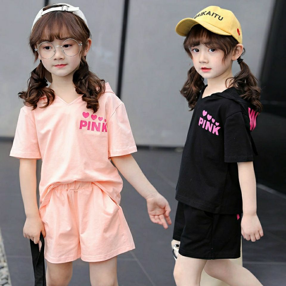 Set áo thun tay ngắn + quần short vải cotton thấm hút mồ hôi thoáng khí thời trang mùa hè cho bé gái 3-13 tuổi