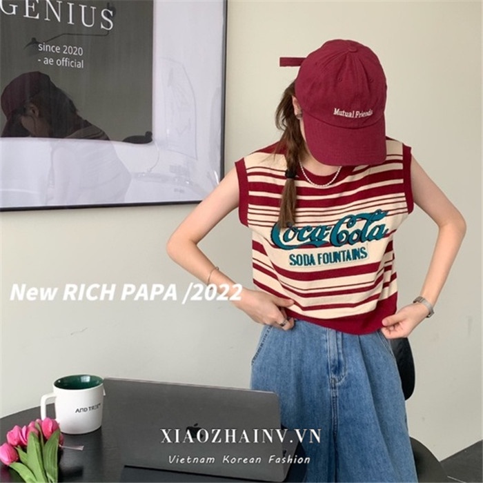 Áo tanktop XIAOZHAINV vải dệt kim sát nách kẻ sọc in chữ kiểu retro Hàn Quốc xinh xắn cho nữ