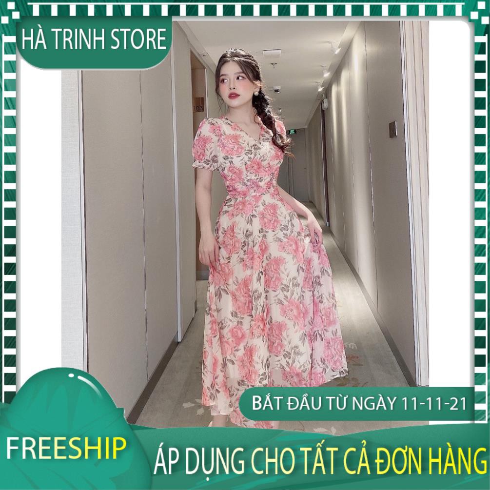 Váy đầm thiết kế cao cấp công sở dự tiệc hoa xòe xếp li eo V2128 - HÀ TRINH STORE