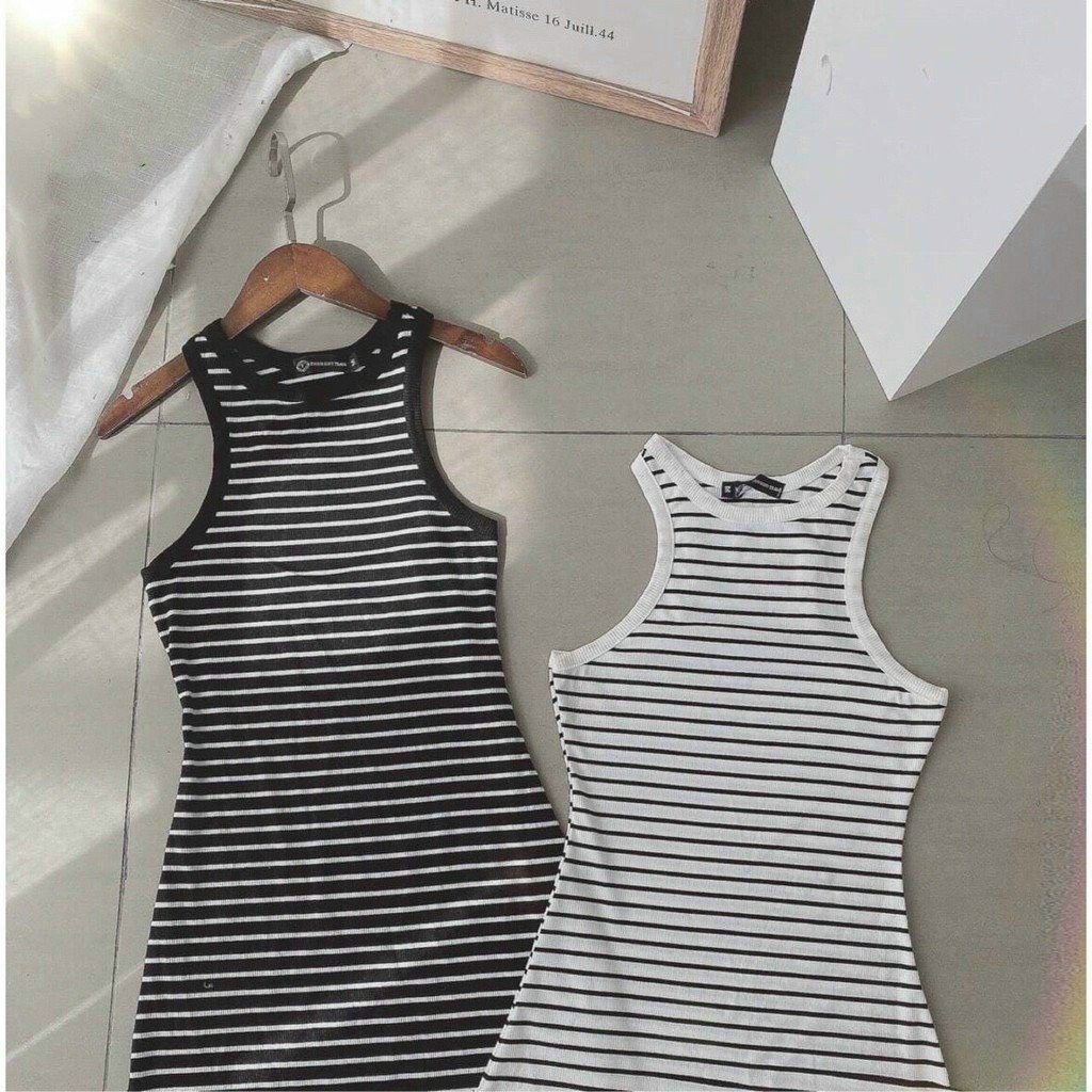 [8.8 Sales Freeship] Đầm maxi sọc 3 lỗ, đầm body sát nách