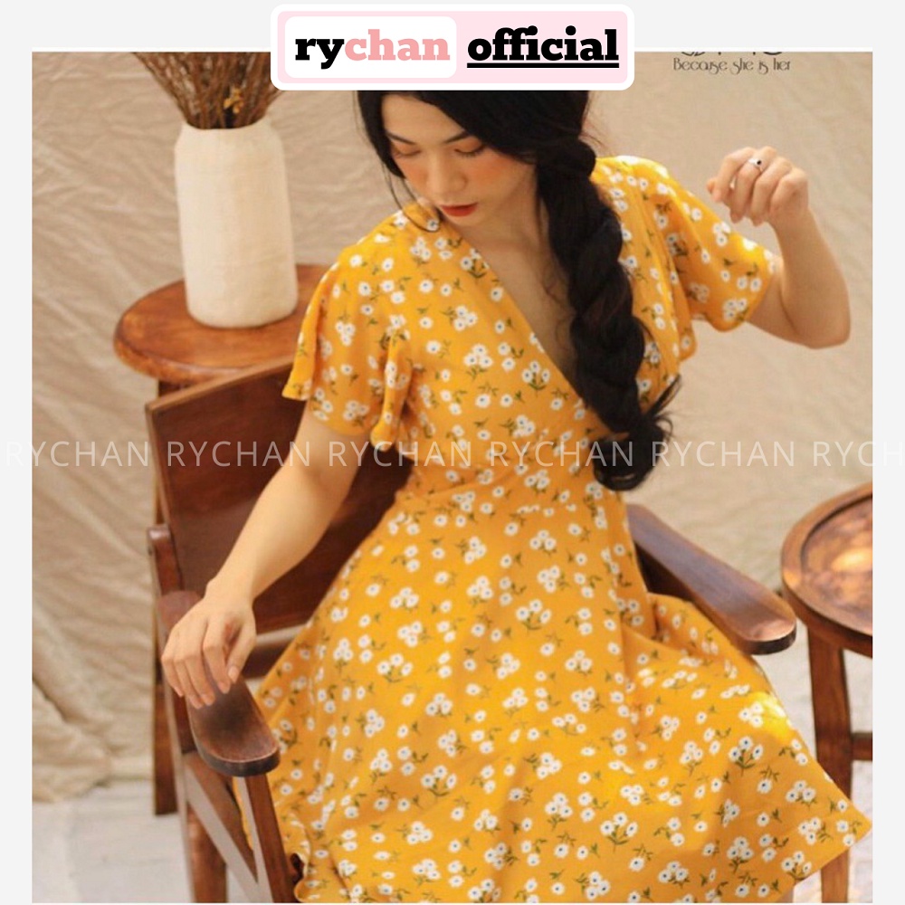 Đầm Xoè Vàng Hoa Nhí Nơ Lưng Vải Xịn [ẢNH THẬT CUỐI] - DX320