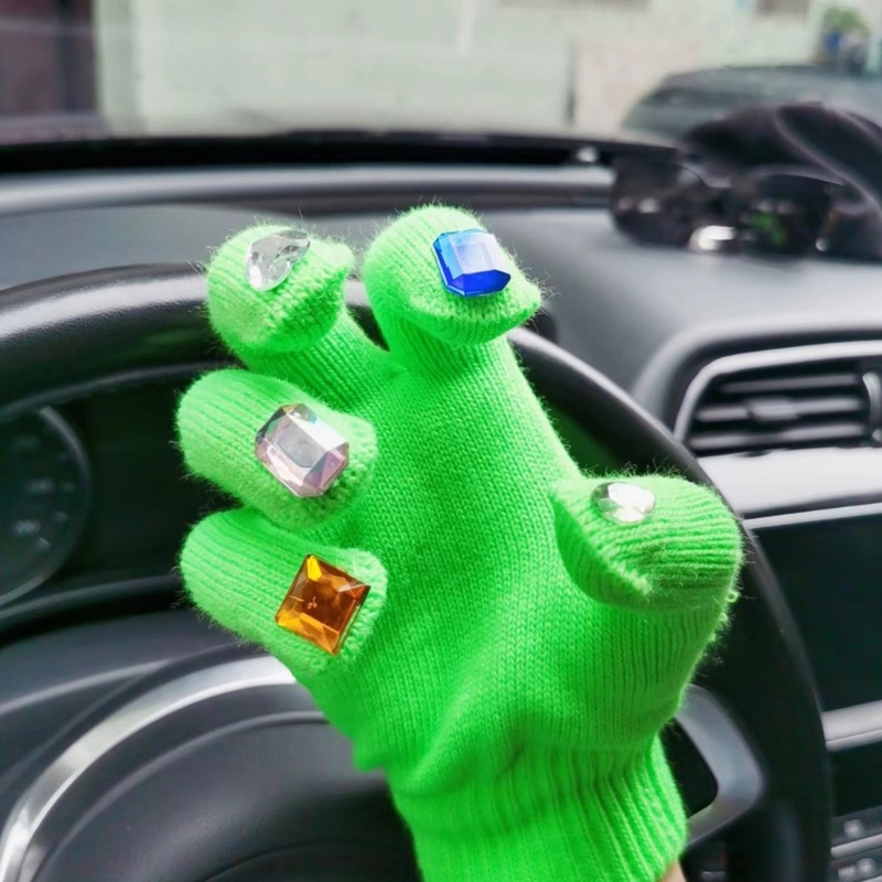 Găng Tay Dệt Kim Dày Dặn Màu Trơn Đính Đá Trang Trí Móng Tay Dễ Thương Cho Nữ