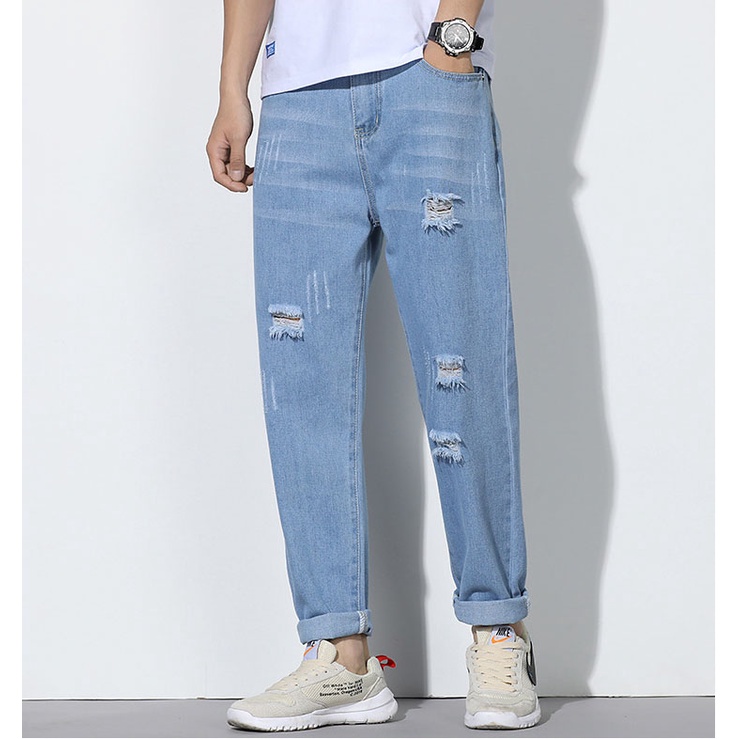 [xả kho] Quần jean rách nam nữ màu xanh baggy mặc hè
