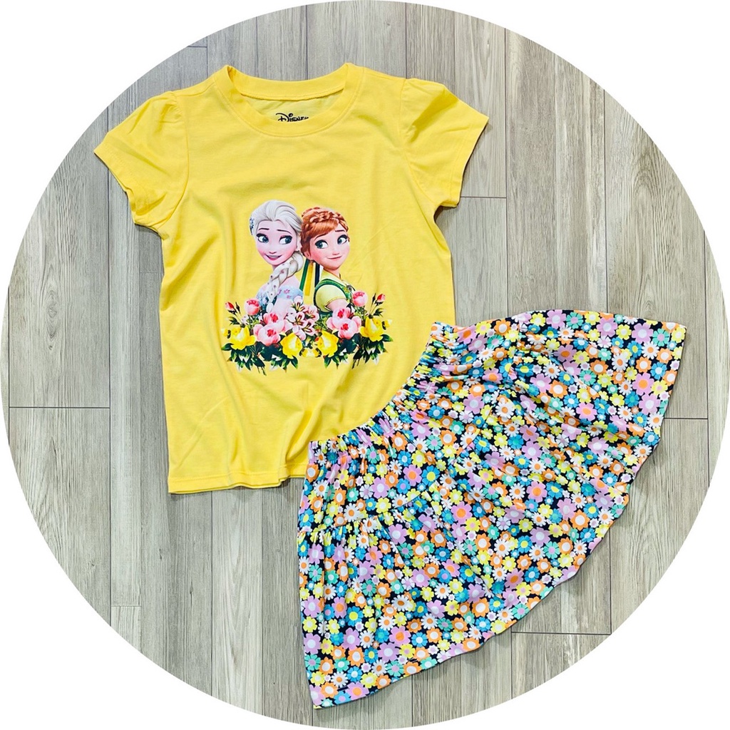 Bộ áo thun cotton váy quần công chúa elsa cho bé gái