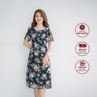 Đầm trung niên dáng suông hoa cổ tròn tay ngắn màu đen hoa hồng TTV971