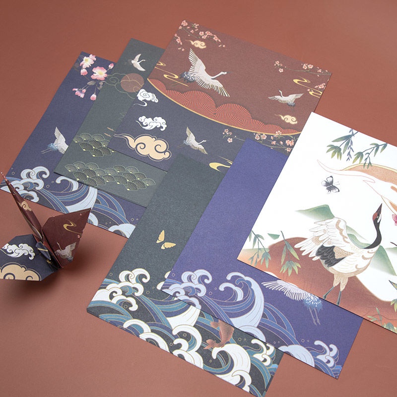 Set 70 Giấy Xếp Hình Vuông 14.2x14.2cm Họa Tiết Chim Hạc Phong Cách retro