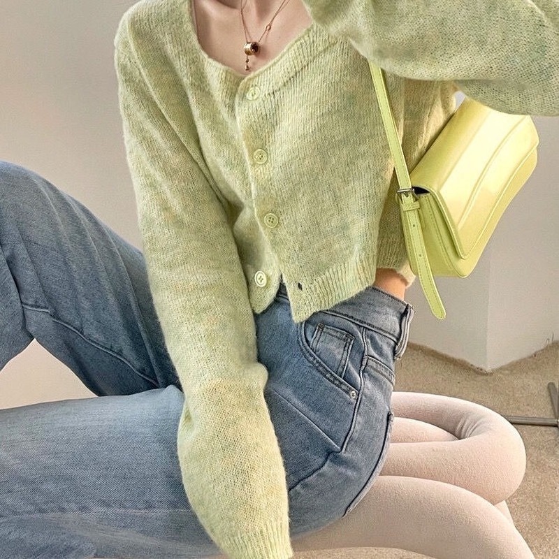 Áo khoác Cardigan dệt kim màu xanh bơ phong cách Hàn Quốc thời trang xuân hè cho nữ