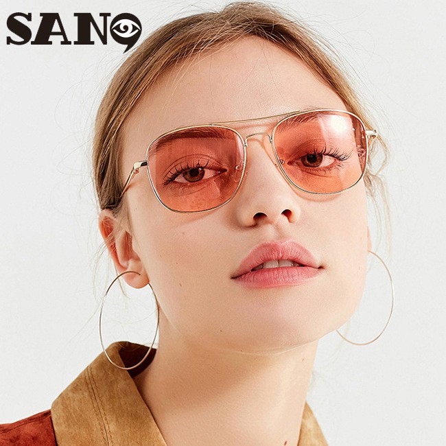 Kính Mát Phi Công Gọng Kim Loại Trong Mờ Màu Hồng Cho Nam Nữ