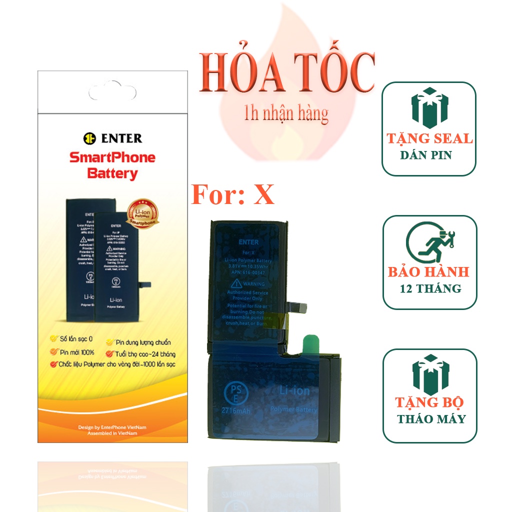 Pin ĐT X Enter bảo hành 12 tháng