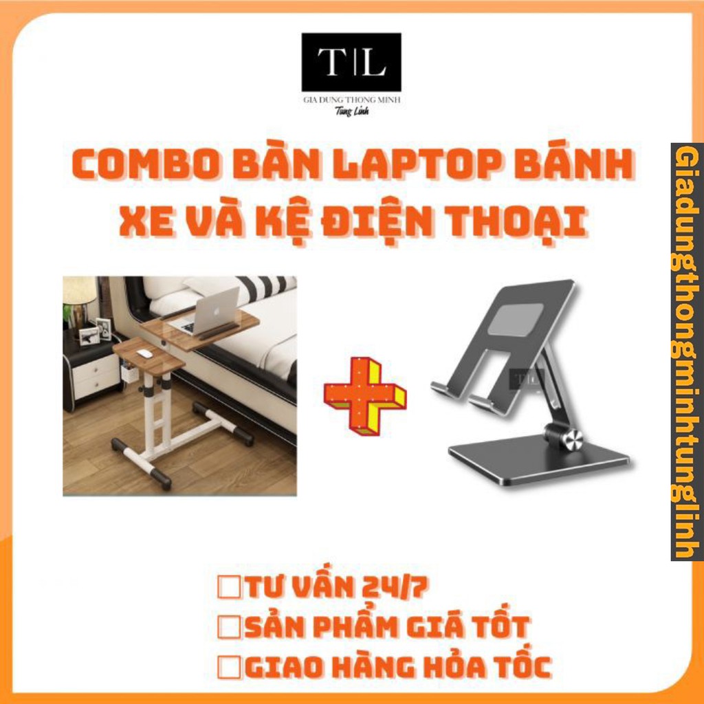 (Combo 2 sản phẩm) Bàn Laptop di động thông minh và Kệ điện thoại - Mặt bàn điểu chỉnh độ nghiêng kèm giỏ bút có bánh xe