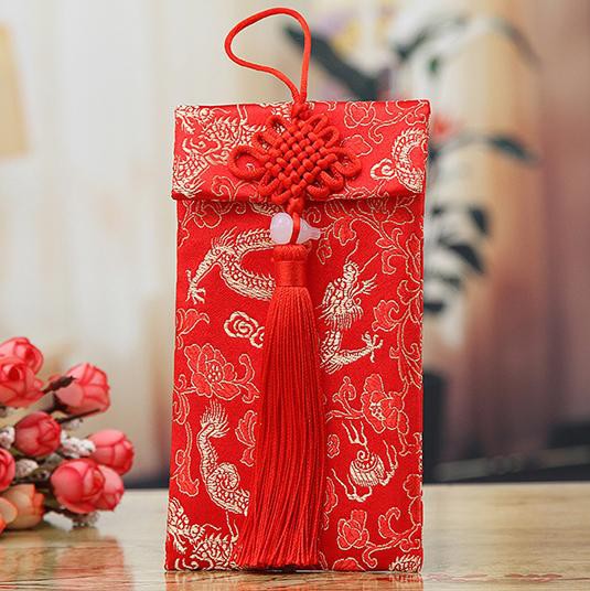Cặp 2 Bao Lì Xì Vải Thổ Cẩm Đính Tiền Đồng Xinh Xắn Sang Trọng