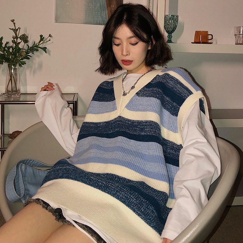 Áo len không tay cổ chữ v dáng rộng thiết kế thời trang cá tính cho nữ