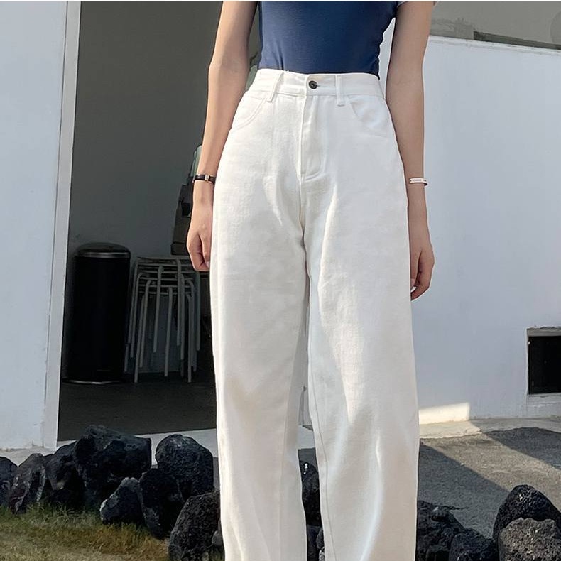 SUXI Quần jean nữ lưng cao ống rộng kiểu Hàn Quốc