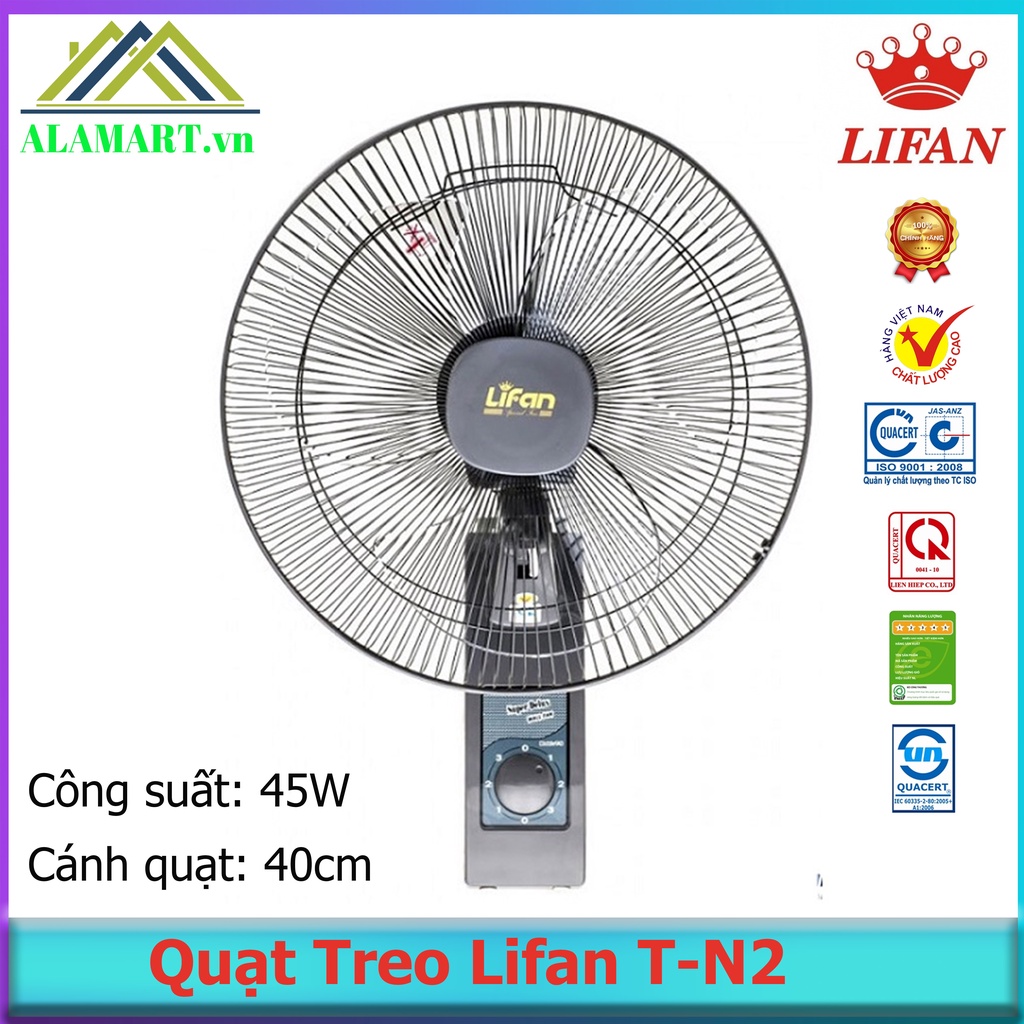 QUẠT TREO TƯỜNG LIFAN T-N2  bảo hành 12 tháng, 45W, cánh 400mm, 2 dây( hàng chính hãng, mới 100%)