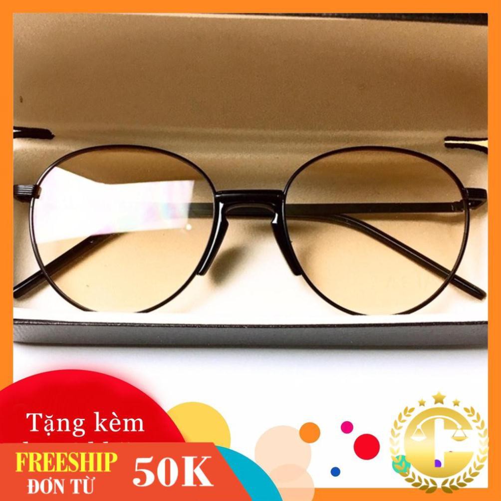 Kính mát tròn màu vàng -gọng kính giả cận thời trang nhận cắt mắt cận viễn loạn