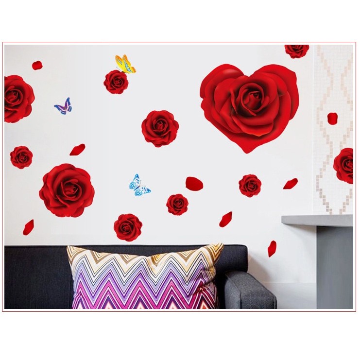 Decal dán tường Hoa hồng trái tim đỏ - DH001 - PVC vinyl cao cấp