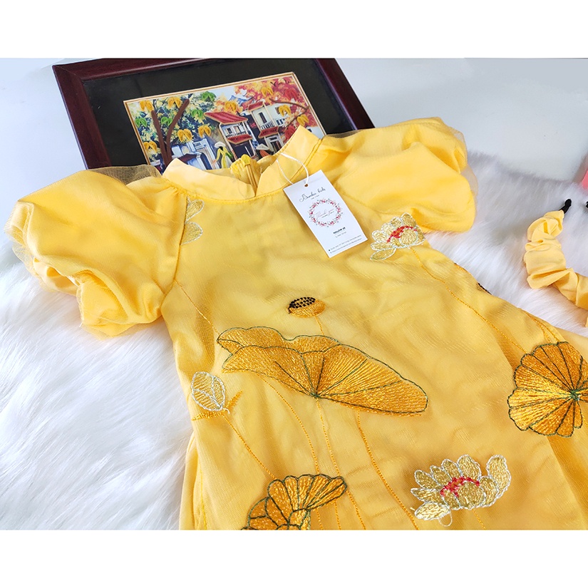 Áo dài cách tân cho bé gái 💥 HÀNG THIẾT KẾ MAY KỸ 💥 áo dài cách tân tay bồng thêu hoa sen cao cấp