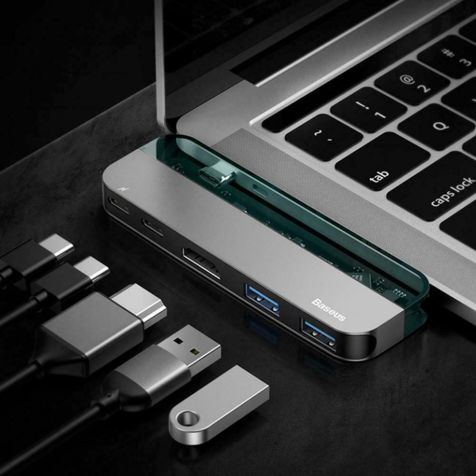 Bộ USB C Hub Baseus 5 in 1 mở rộng cổng kết nối USB 3.0, HDMI, Thunderbolt 3,cho Macbook Pro, Dell , HP