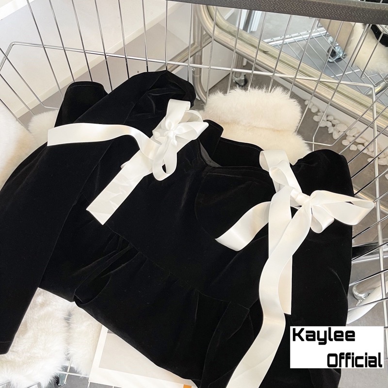 Váy Babydoll Nhung Buộc Nơ Trễ Vai Hàng QC ảnh thật cận chất Kaylee | BigBuy360 - bigbuy360.vn